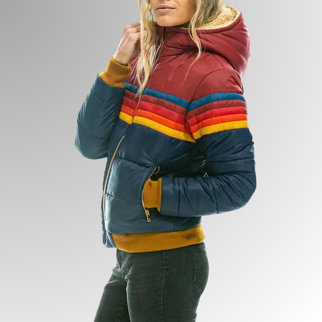 Hooded Zip Front Striped Panel Puffer Jacket