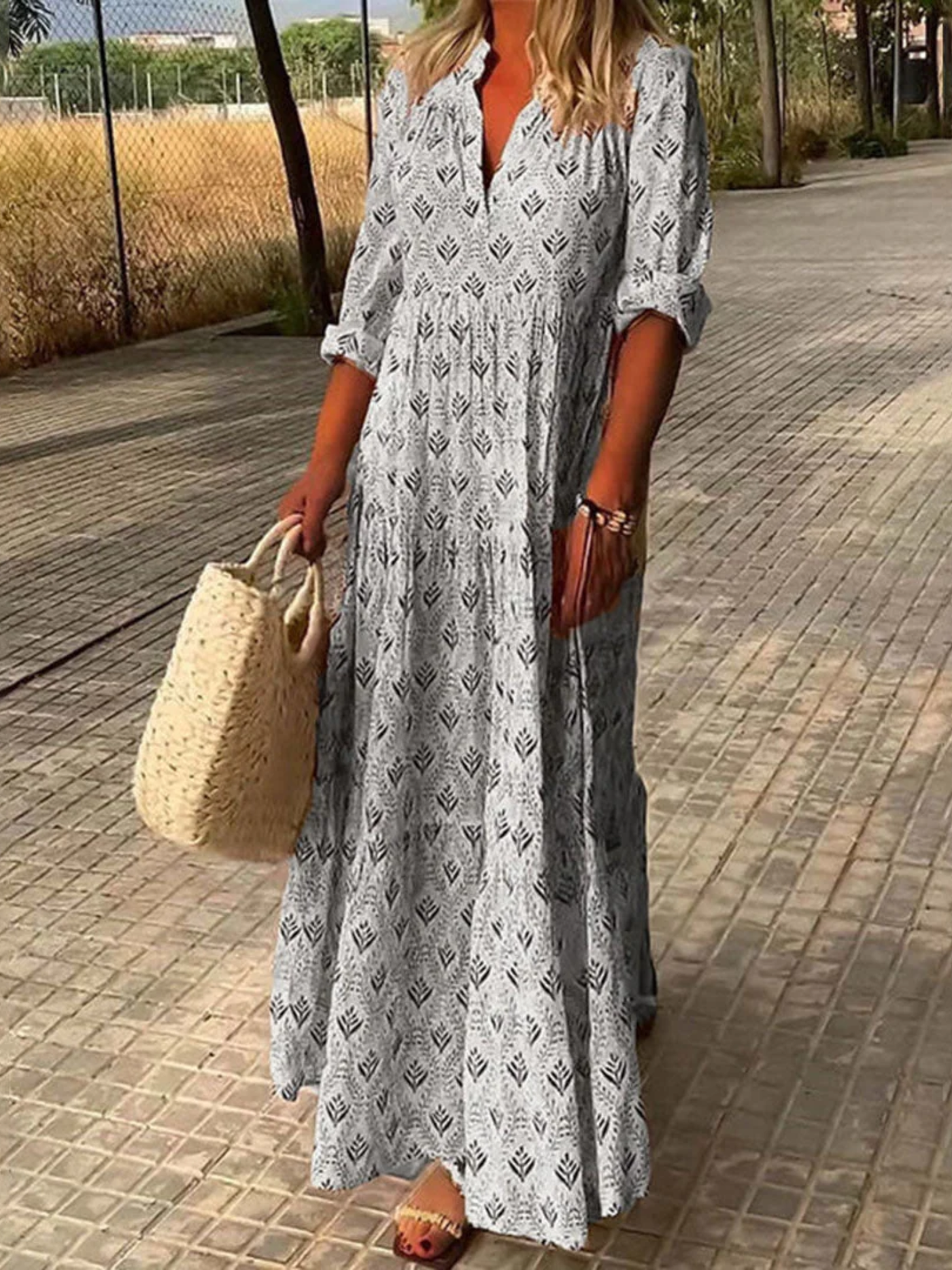 Split Neck Long Sleeve Tiered Maxi Dress 2