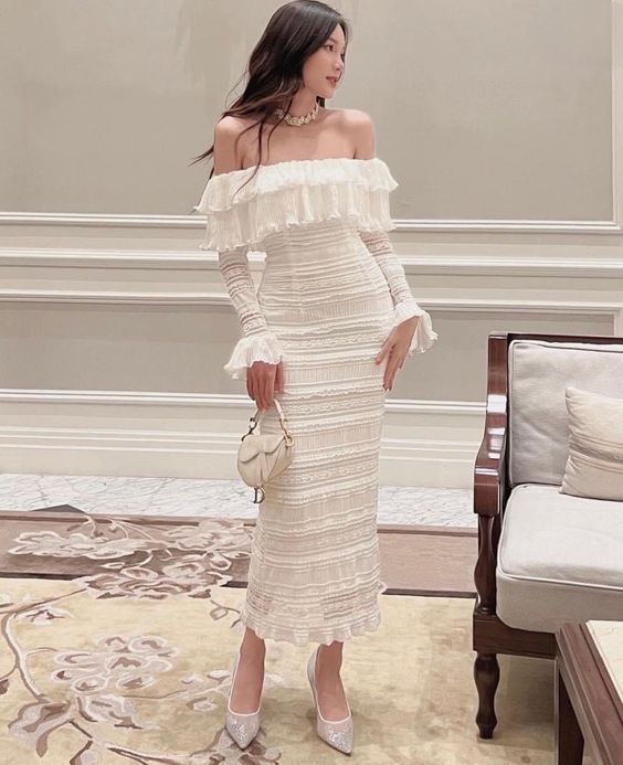 Elegant White Midi Dress Office Lady Long Sleeve Sexy Beach Party Bodycon Dress