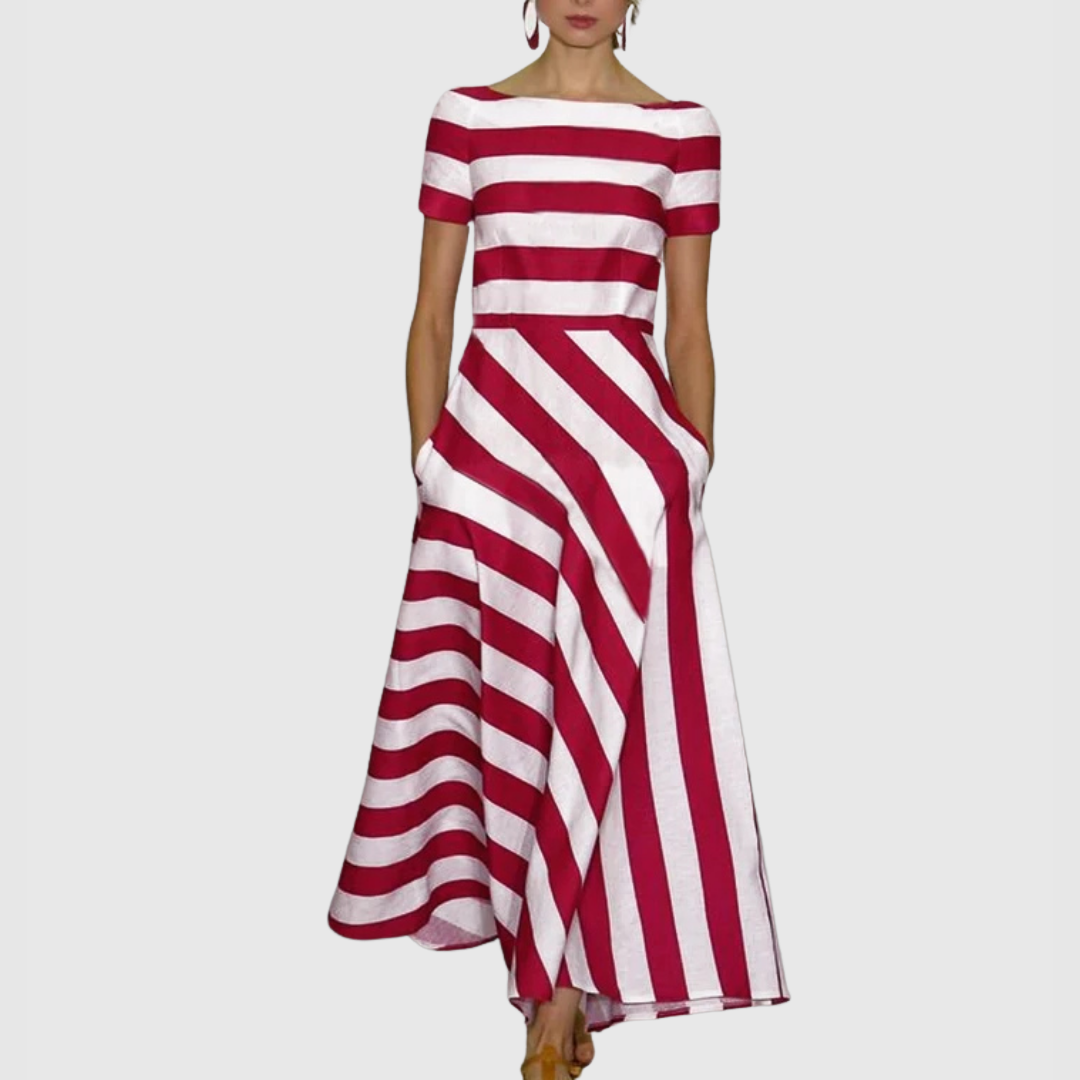 Rowena - Short Sleeve Stripe Maxi Dress Red