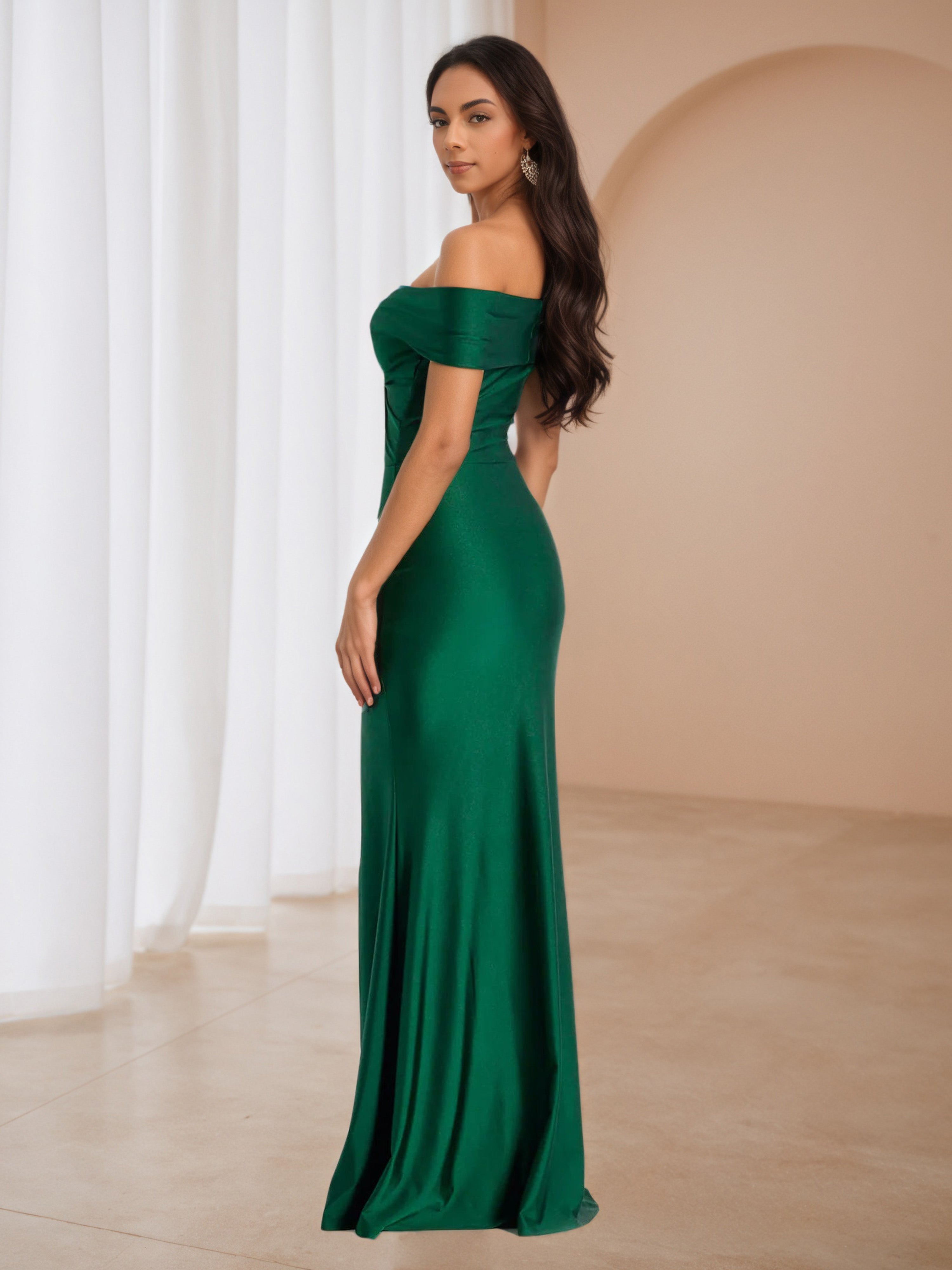 Off The Shoulder Twist Neck Dark Green Formal Dresses with Split