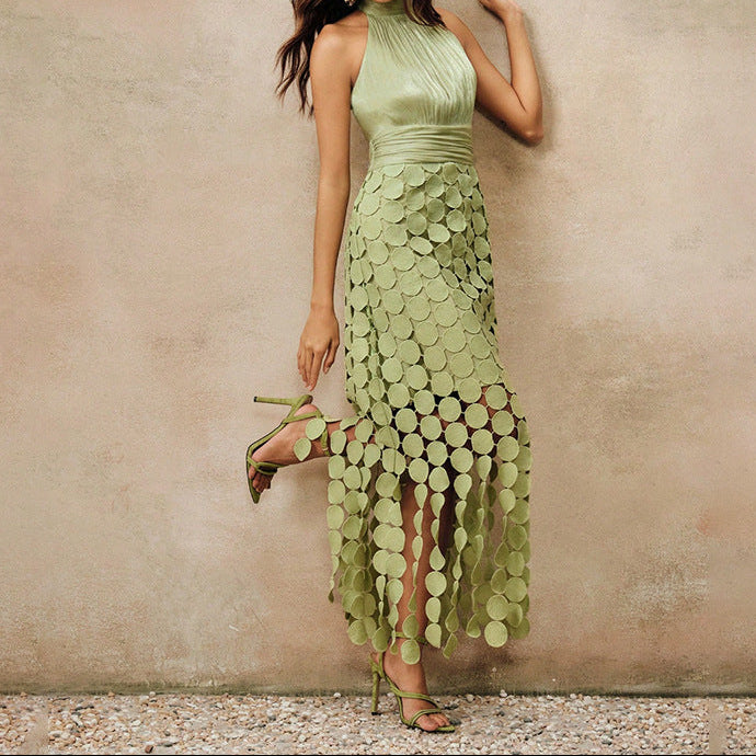 Halter Neck Ruched Disc Cut Out Fringe Hem Maxi Dress