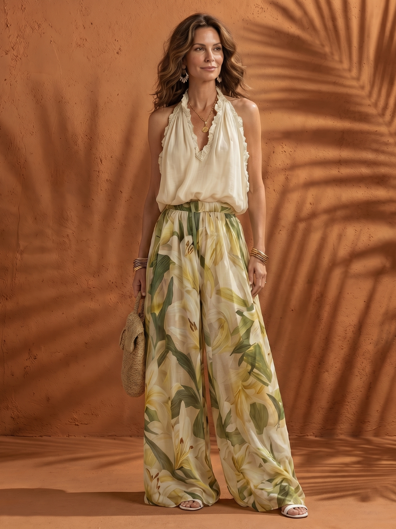 Halter Neck Ruffle Top and Floral Wide Leg Pants Two Piece Set