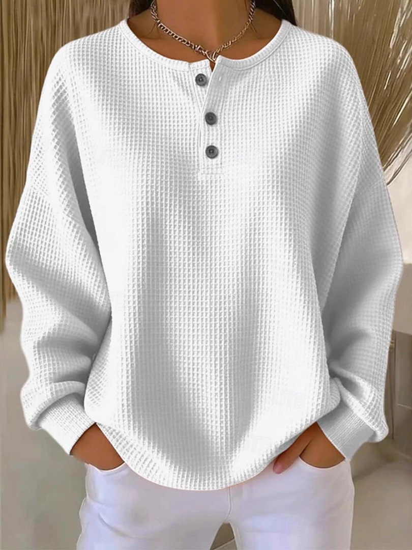 Waffle Knit Button Placket Long Sleeve Henley Top