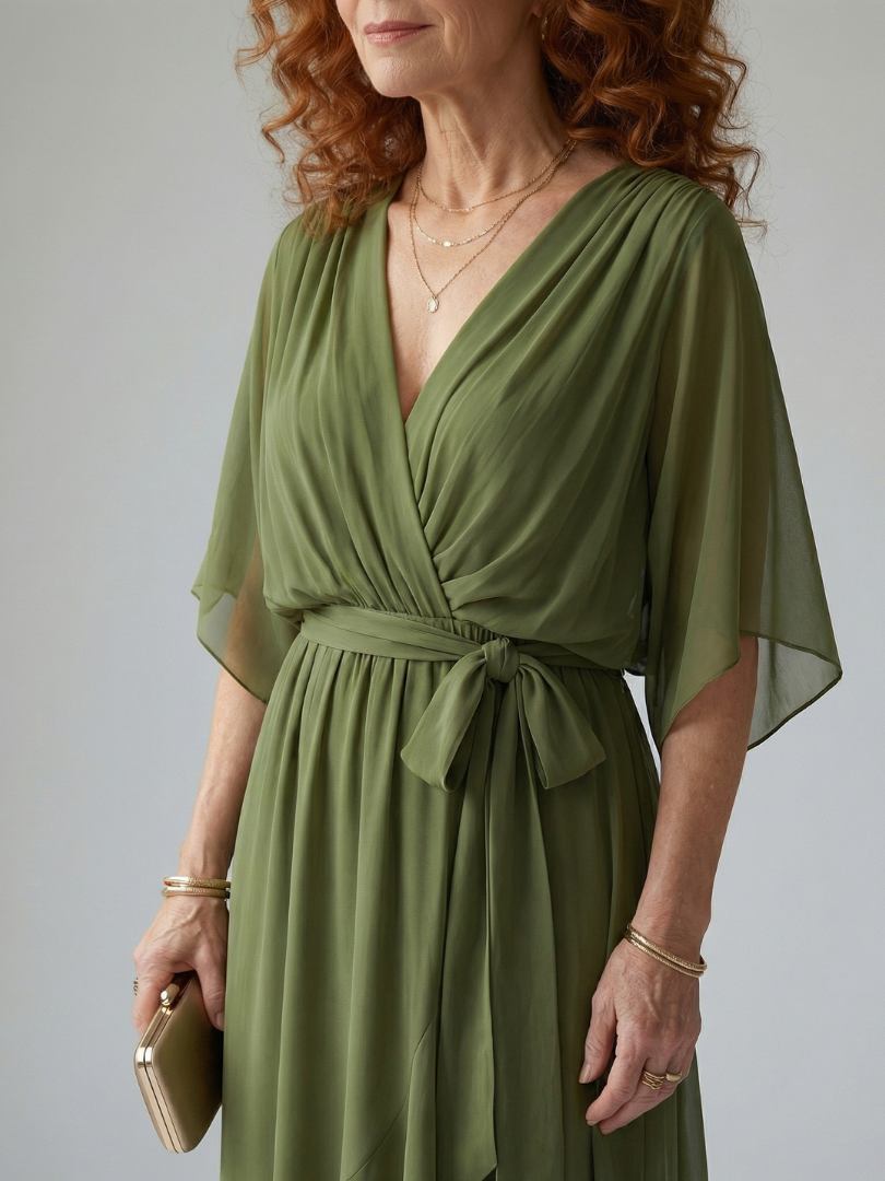 Chiffon V-Neck Kimono Sleeve Belted Ruffle Midi Dress
