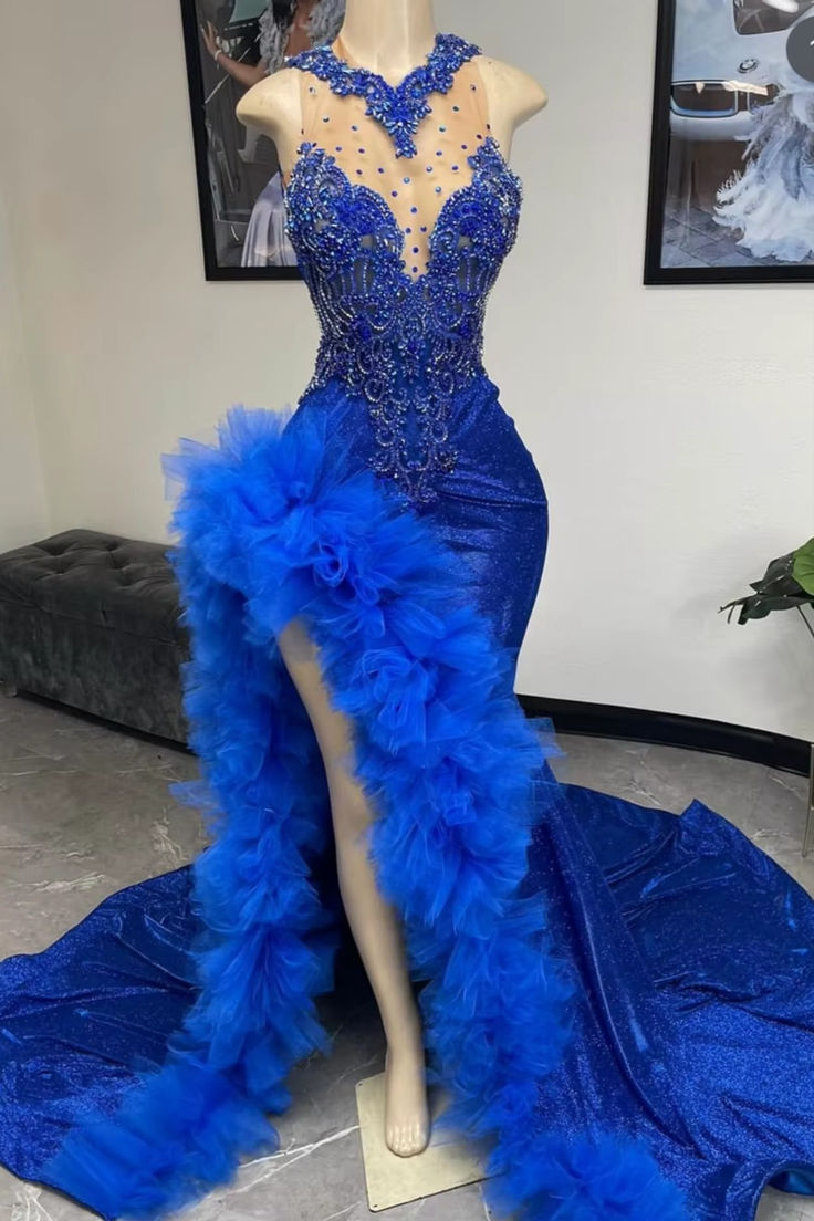 Royal Blue Mermaid Prom Dress Ruffled Evening Dresses with Slit    fg7640