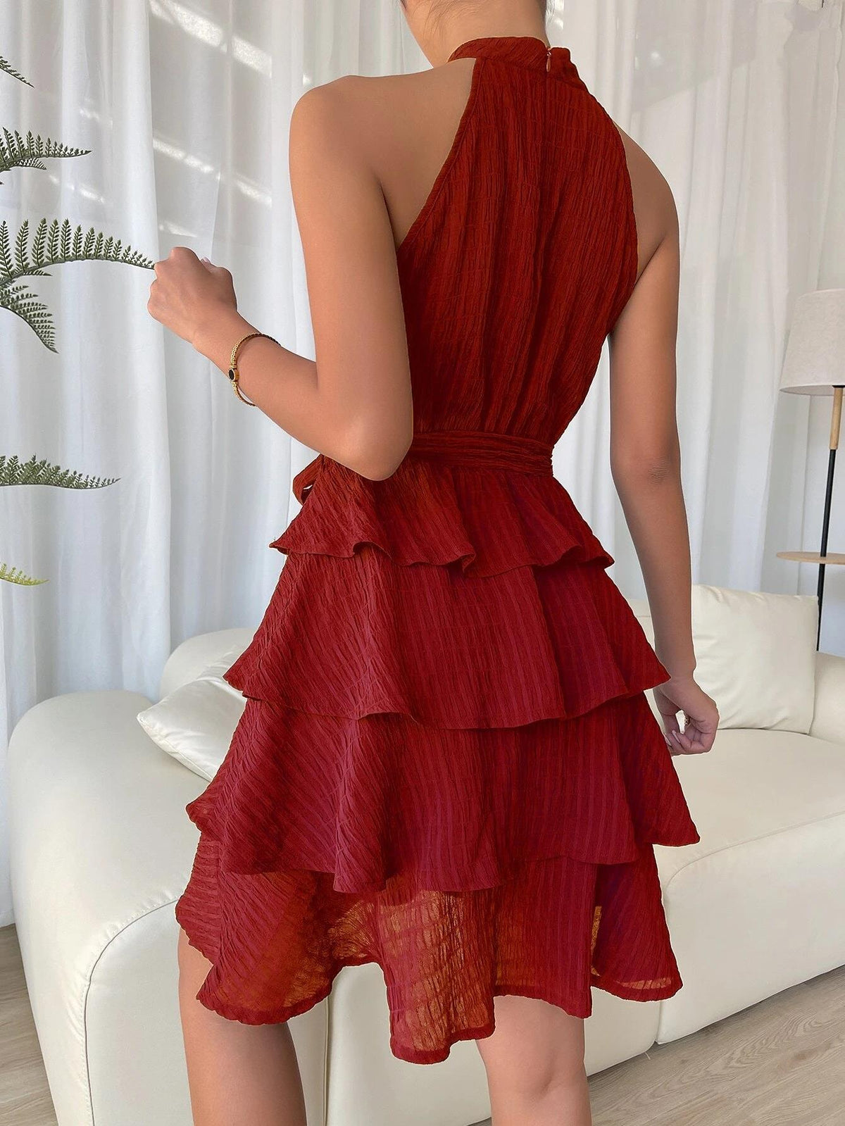Textured Halter Neck Sleeveless Tie Waist Tiered Ruffle Mini Dress 2