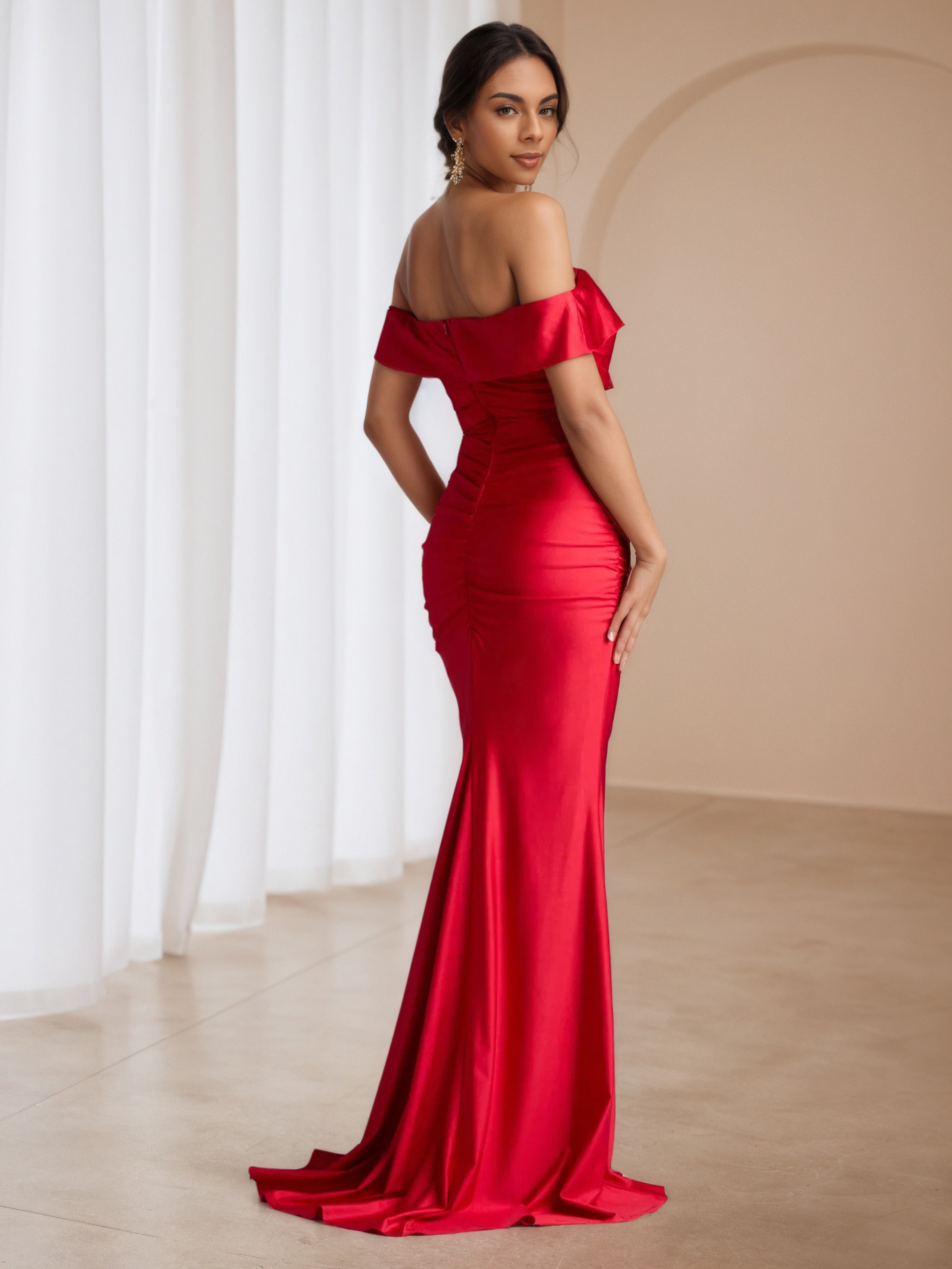Sweep/Brush Train Dress Red Off The Shoulder Formal Dresses