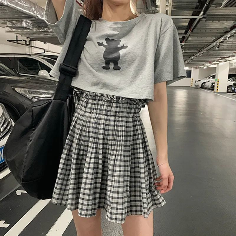 Ruffles Elastic Waist Plaid Pleated Mini Skirt