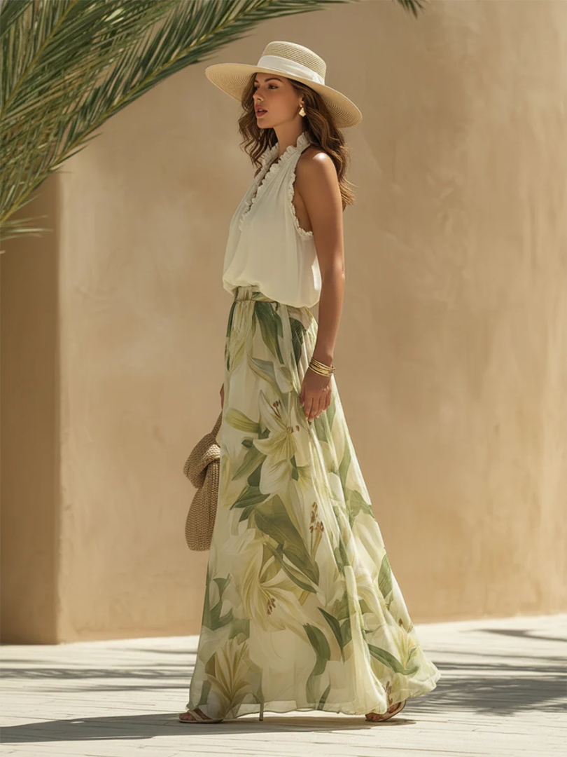 Halter Neck Lace Trim Top and Lily Print Maxi Skirt Two Piece Set