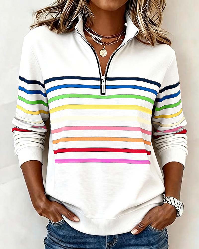 Striped Quarter Zip Mock Neck Long Sleeve Sweatshirt