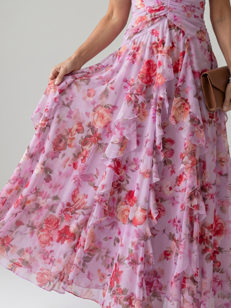 Halter Neck Deep V-Neck Ruffle Floral Maxi Dress