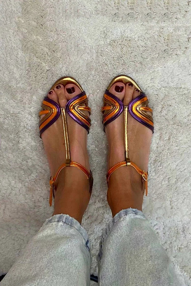 T Strap Metallic Flat Sandals