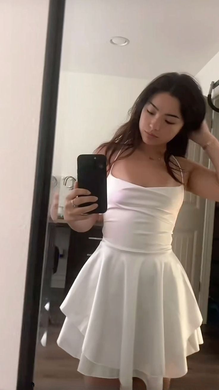 Cute White A Line Spaghetti Straps Lace-Up Back Short Graduation Dress