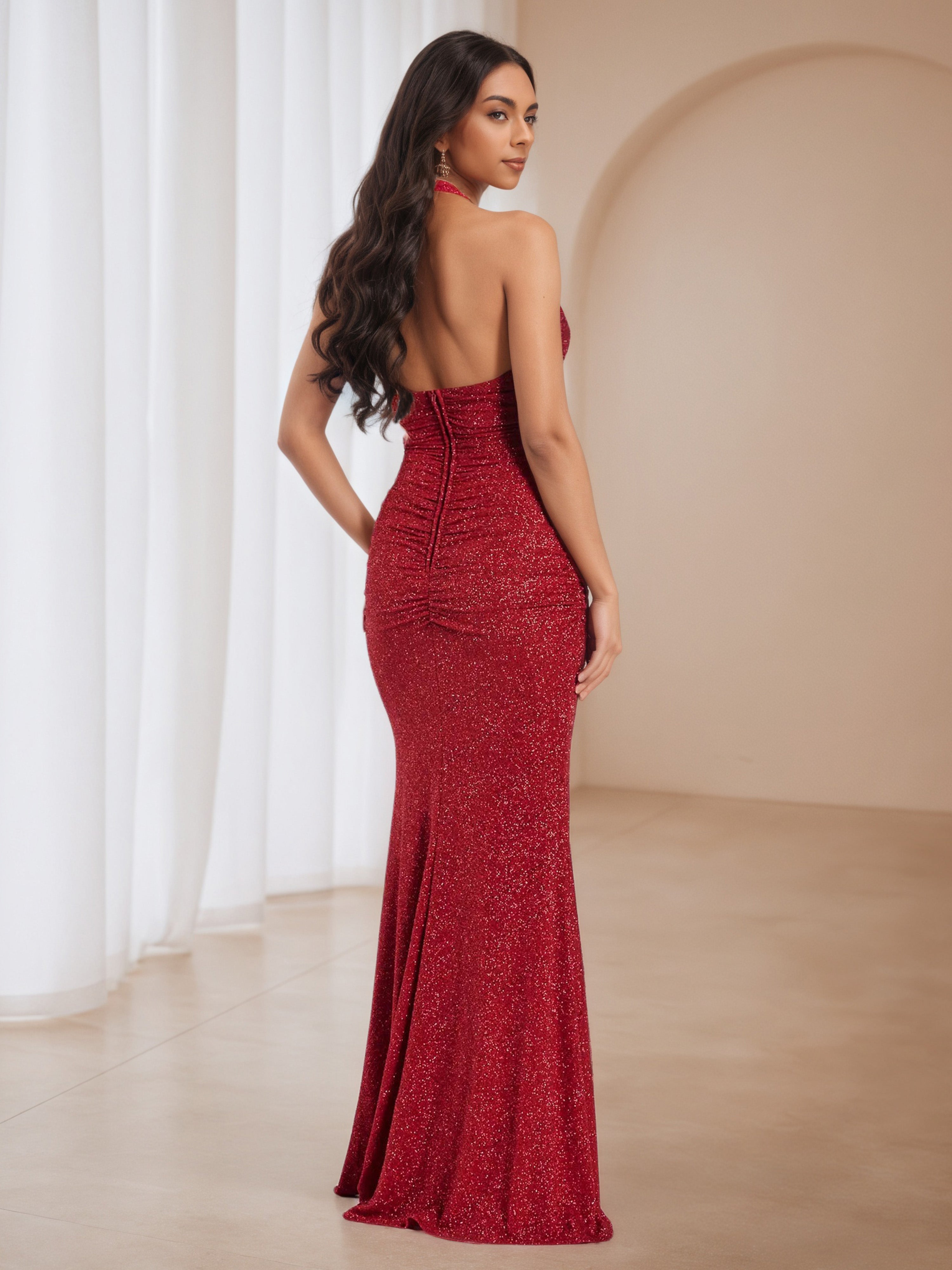 Halter Burgundy Glitter Split Formal Dresses