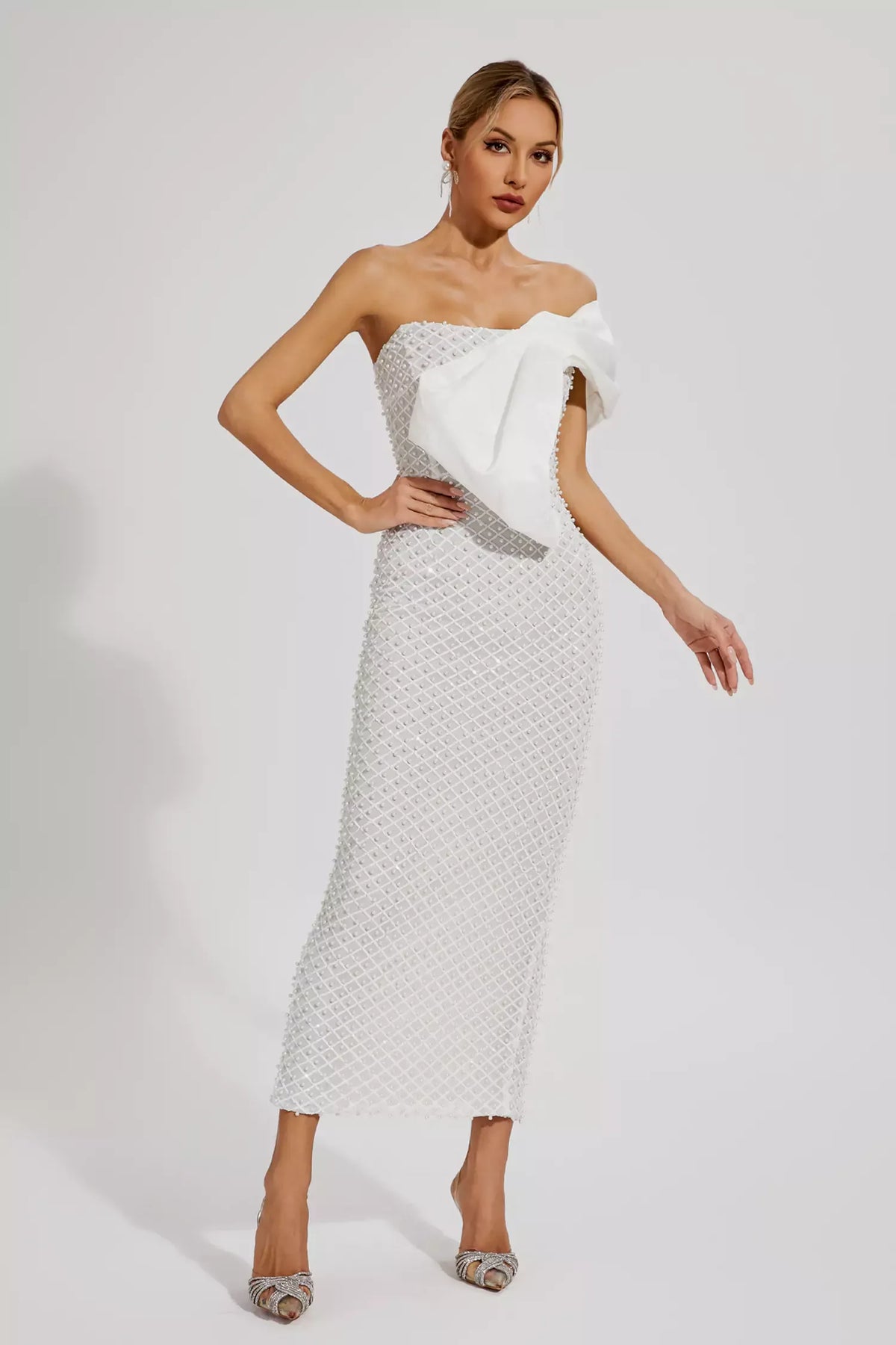 Pearl Embellished Strapless Bow Bodice Bodycon Maxi Dress 7