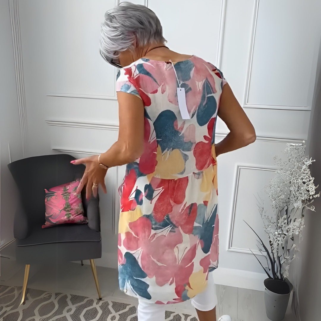 Watercolor Floral Round Neck Short Sleeve Tunic Dress