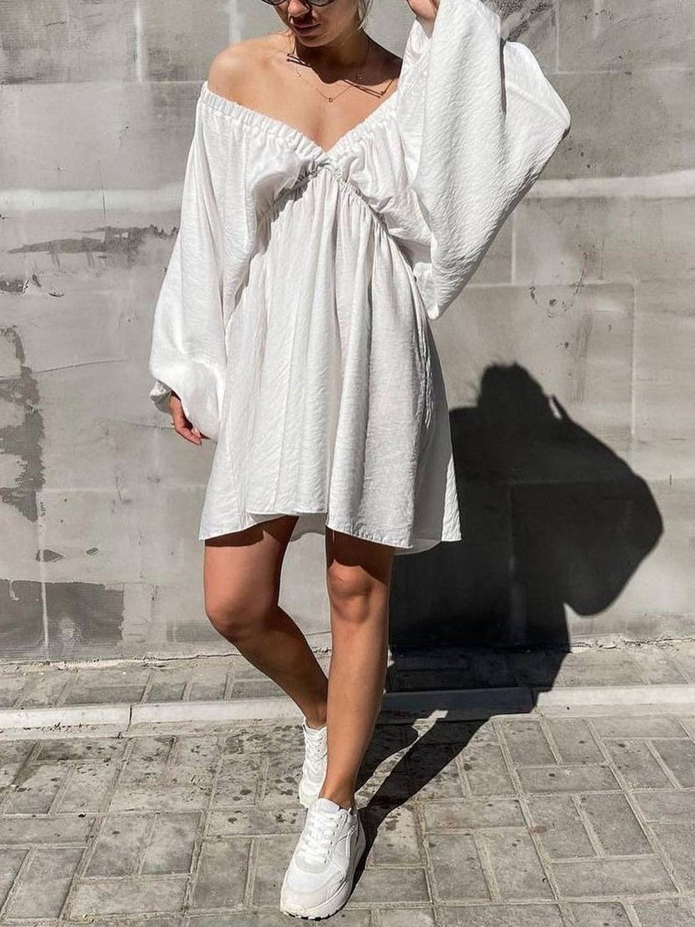 Deep V-Neck Balloon Sleeve Ruched Babydoll Mini Dress