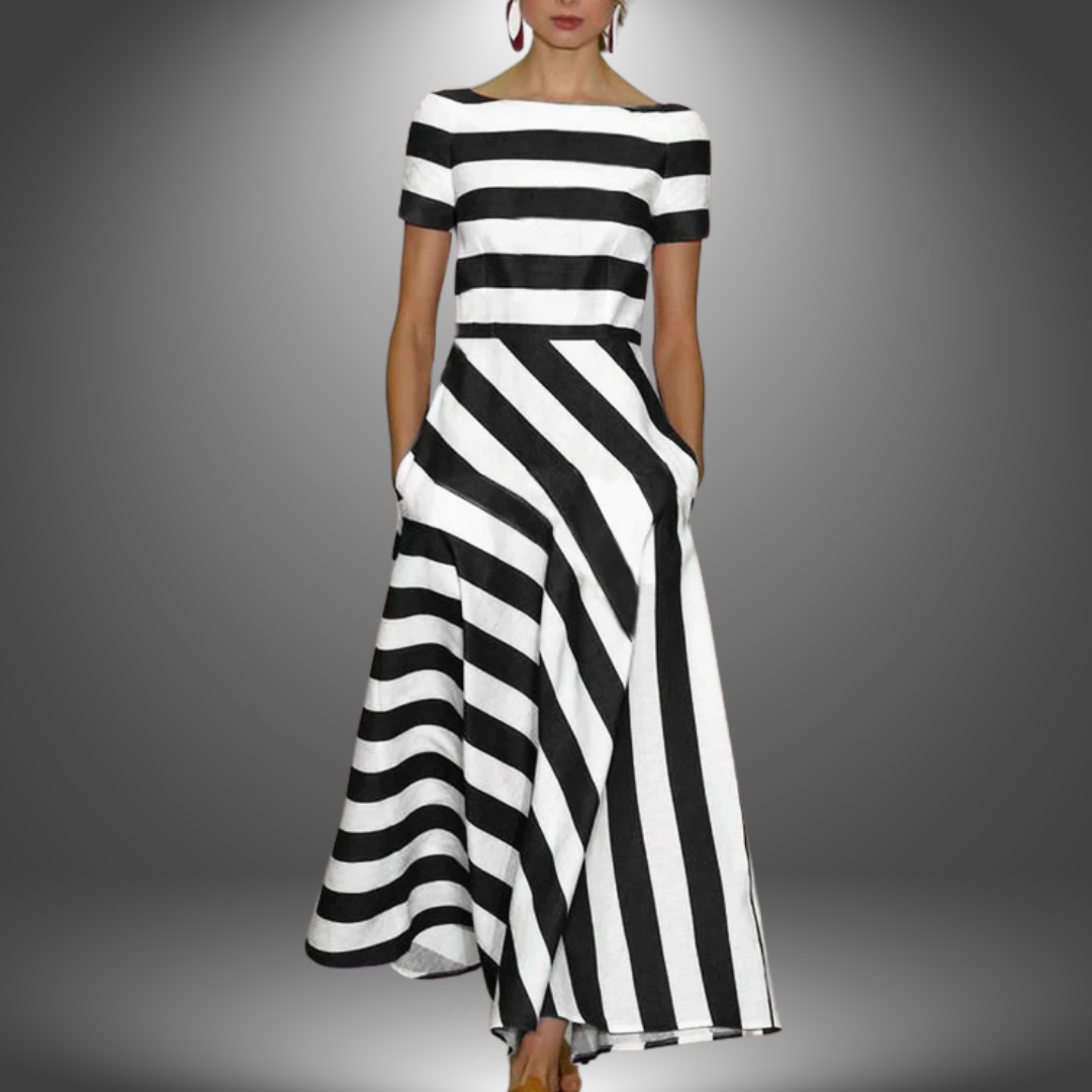 Striped Strapless Flowing A-Line Maxi Dress