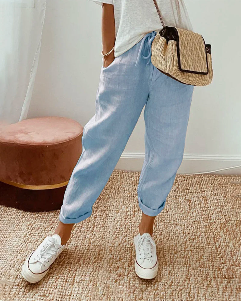 High Waist Drawstring Tapered Leg Linen Look Pants