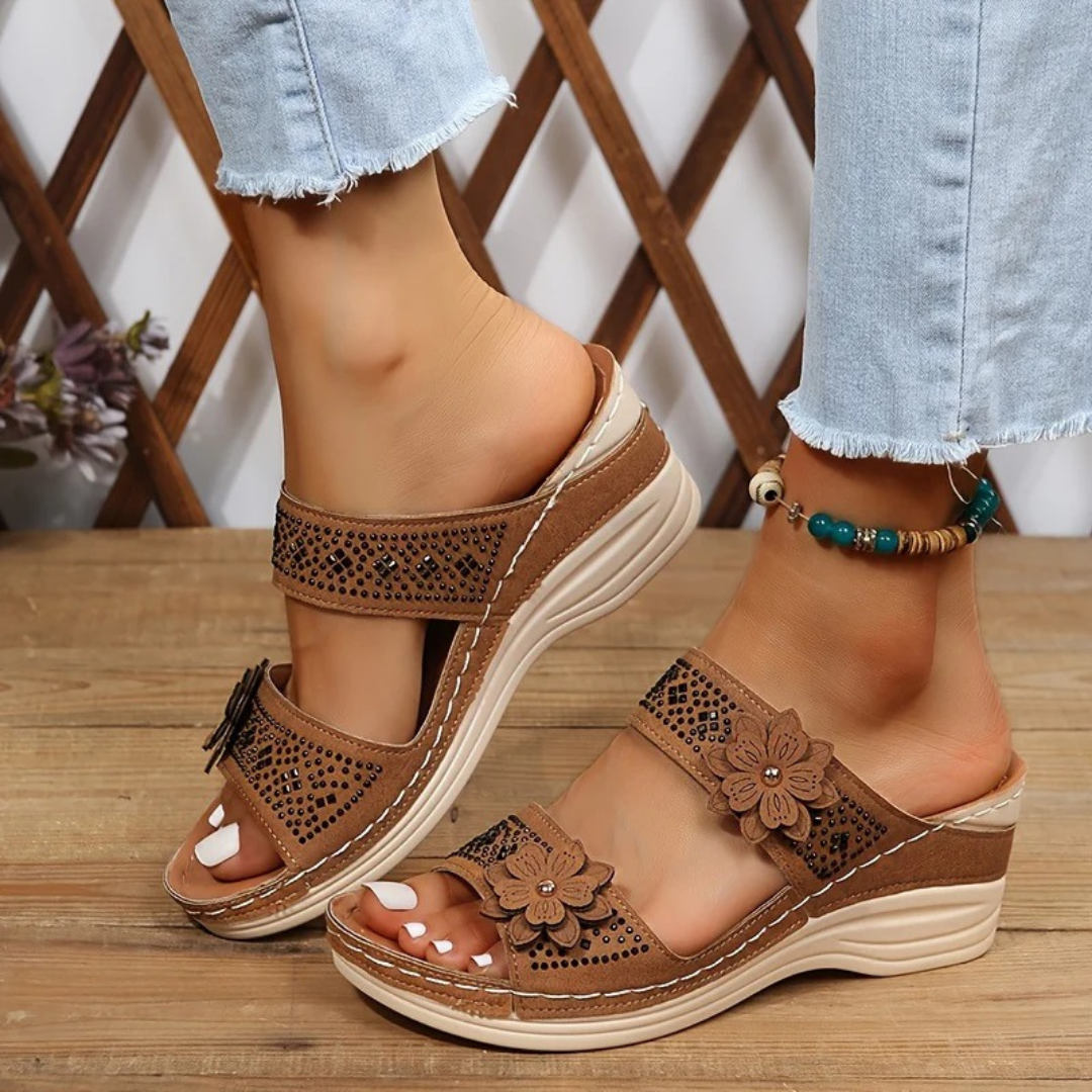 Open Toe Floral Cutout Slip On Wedge Sandals