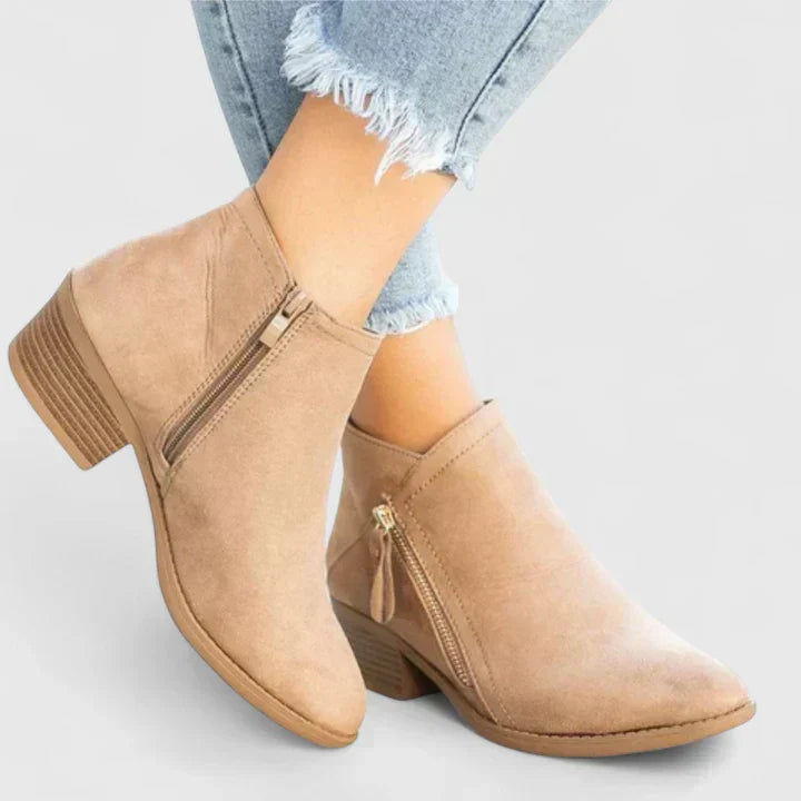Side Zip Pointed Toe Stacked Block Heel Ankle Boots