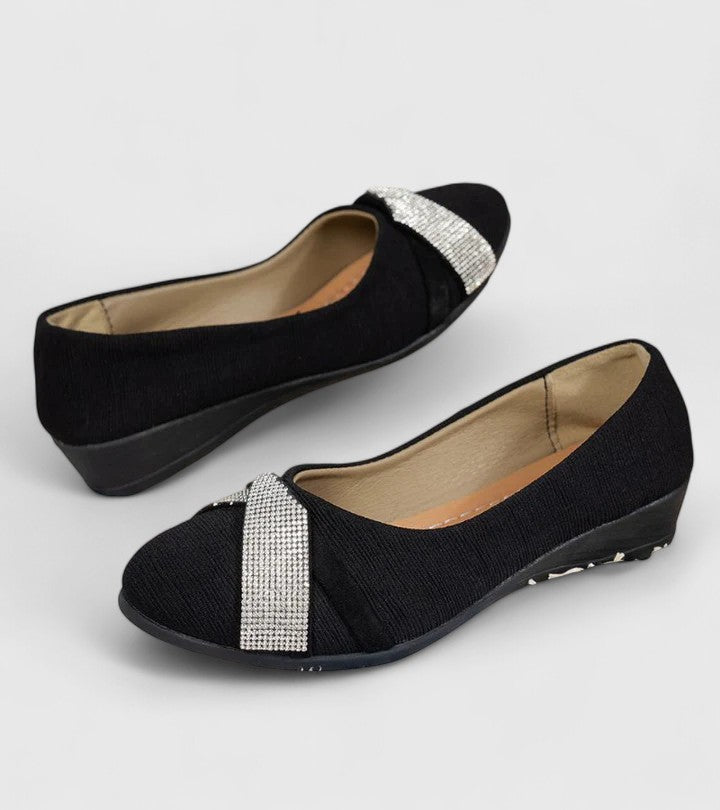 Rhinestone Cross Strap Round Toe Wedge Flats