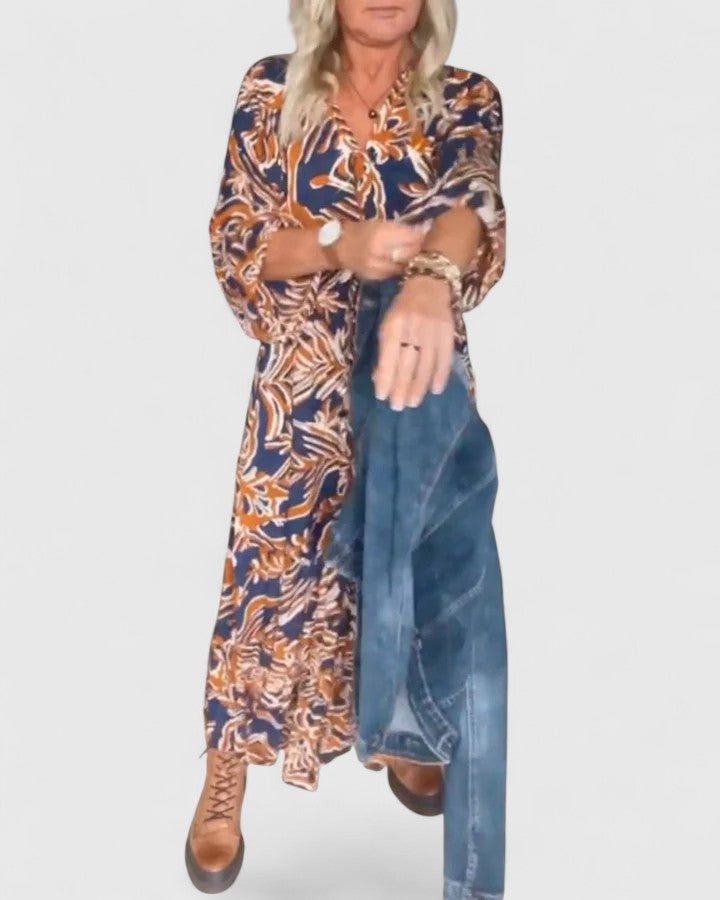 Abstract Floral Print Round Neck Three Quarter Sleeve Maxi Dress