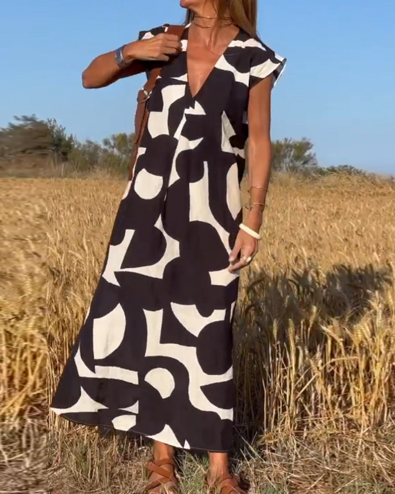 Abstract Print V-Neck Cap Sleeve Oversized Maxi Dress