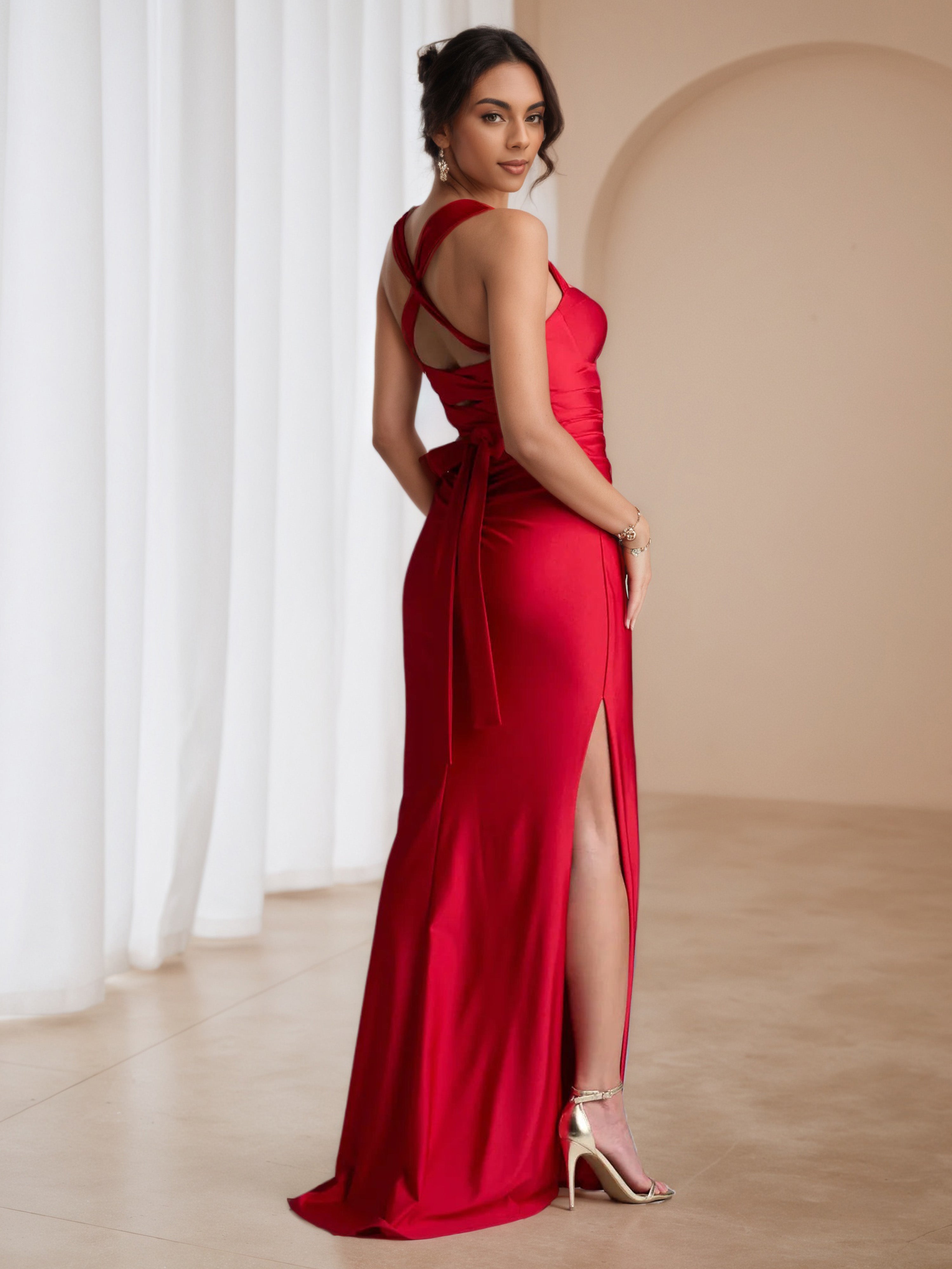 Straps Red Sweep/Brush Train Criss-Cross Straps Formal Dresses
