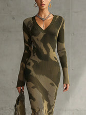 Knit V-Neck Long Sleeve Fringe Hem Bodycon Maxi Dress 2