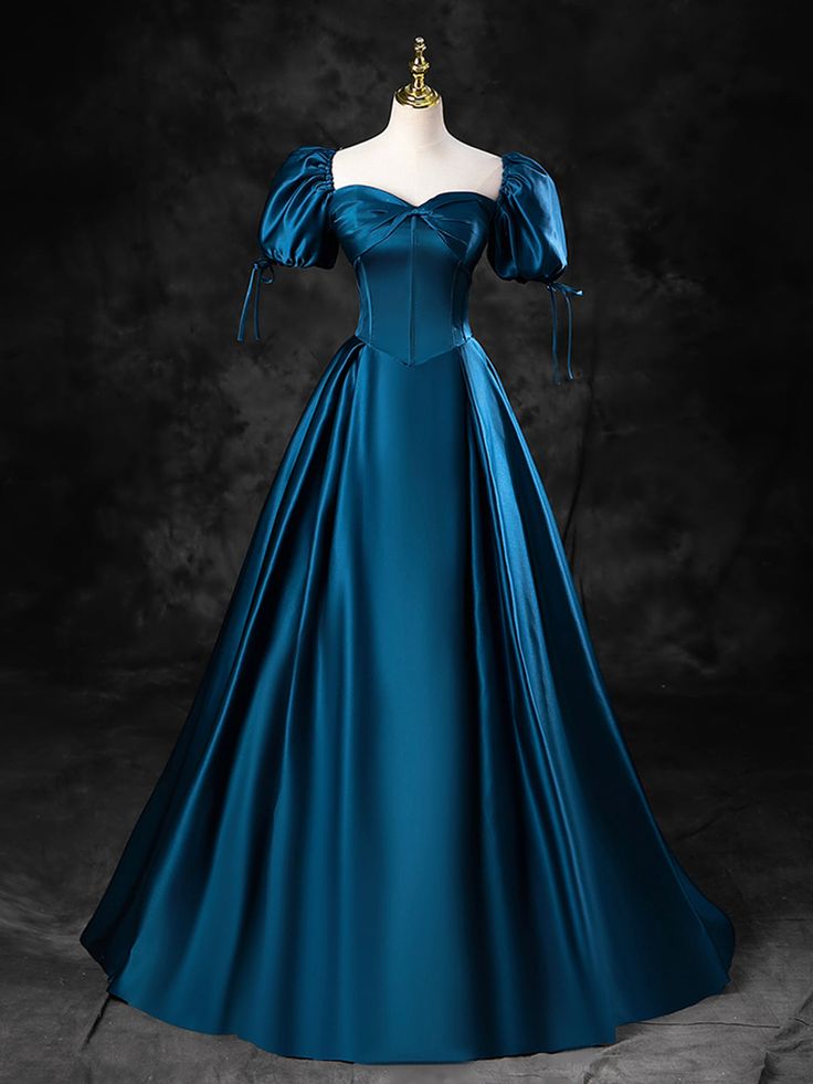 Blue Satin Off The Shoulder Floor Length Prom Dress Blue A-Line Party Dress