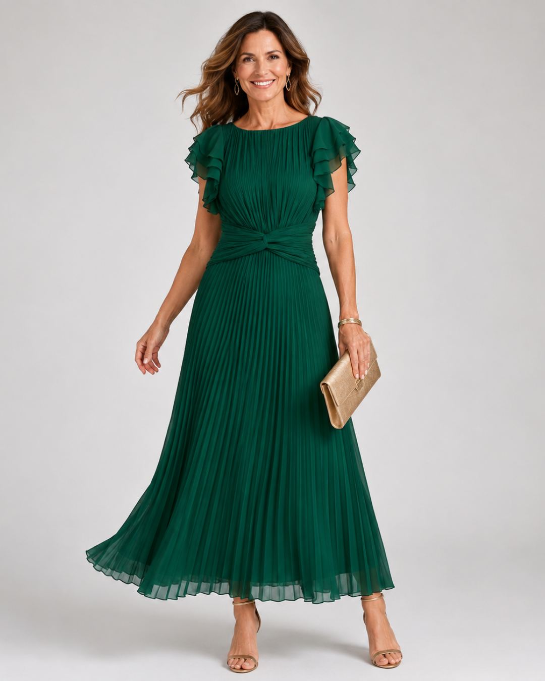 Flutter Sleeve Twist Front Pleated Maxi Dress