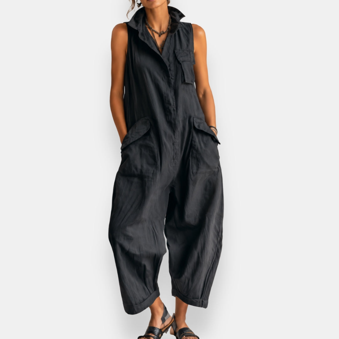 Sleeveless Collared Flap Pocket Wide Leg Cargo Jumpsuit