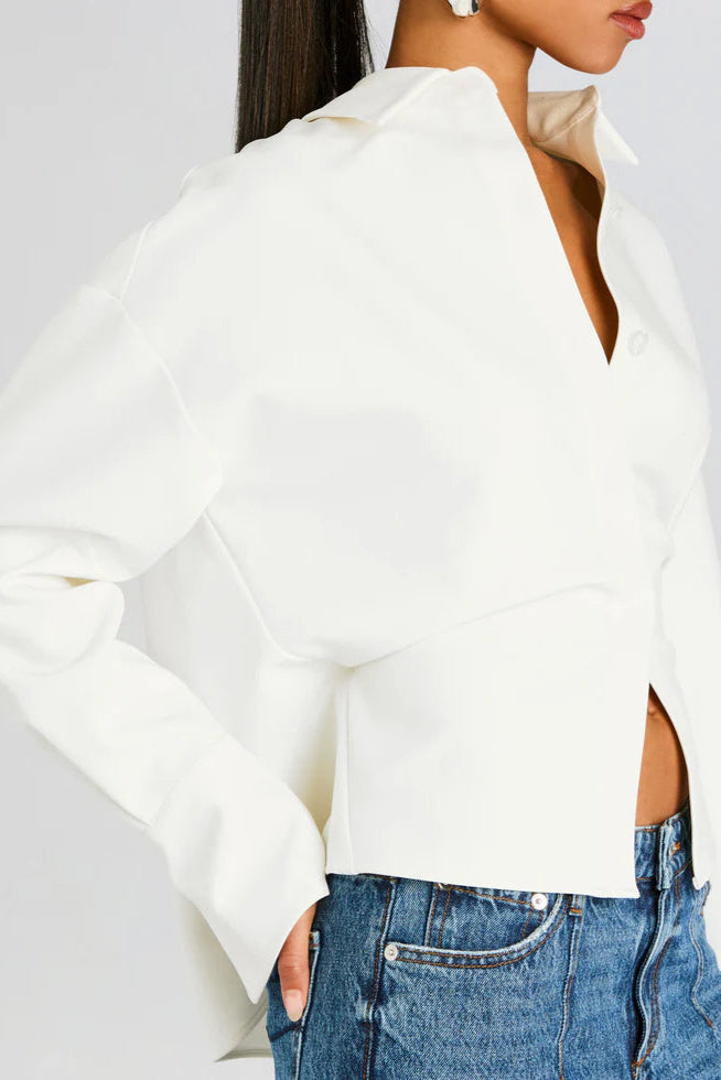 Collared Long Sleeve Corset Waist Cropped Shirt
