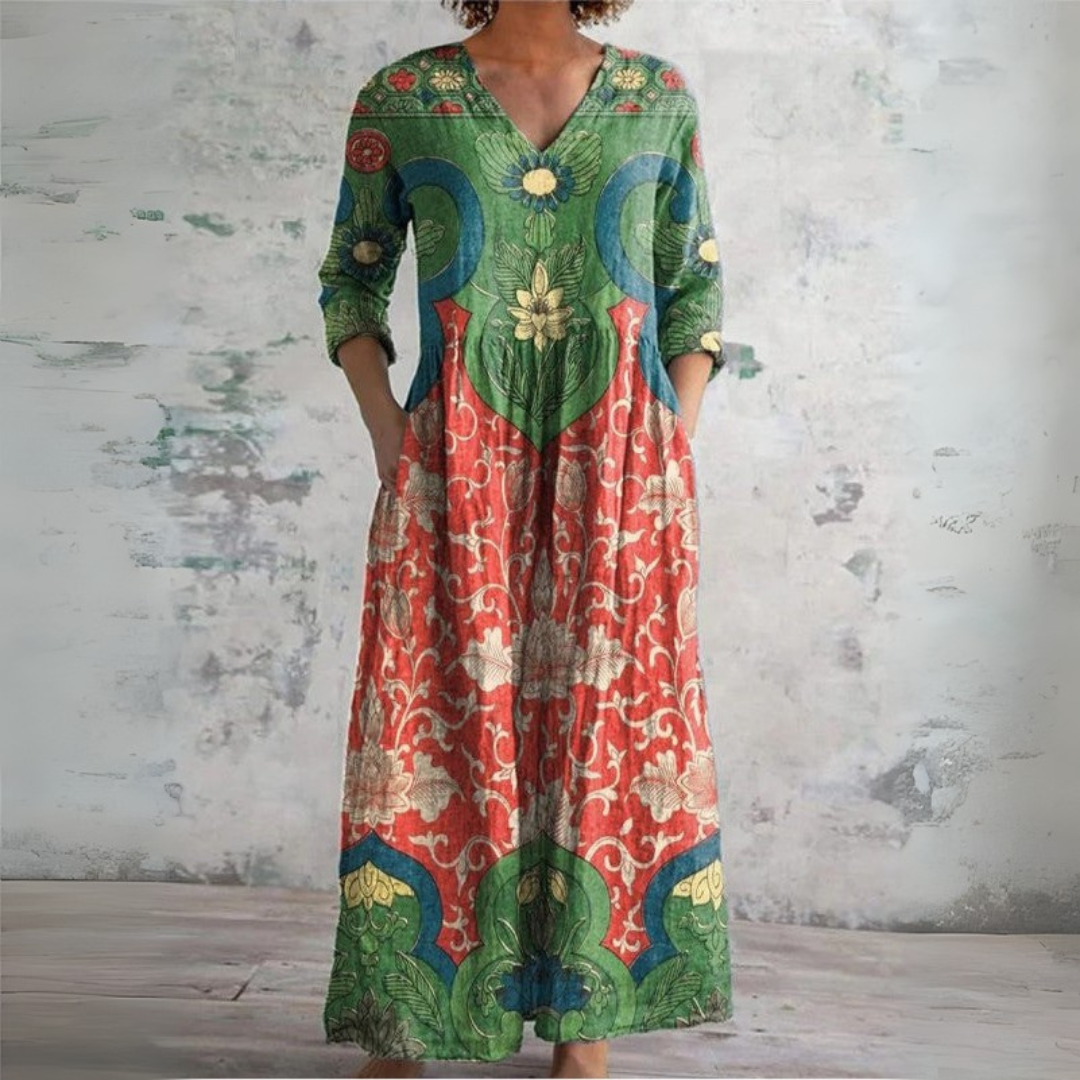V-Neck Long Sleeve Floral Print Maxi Dress