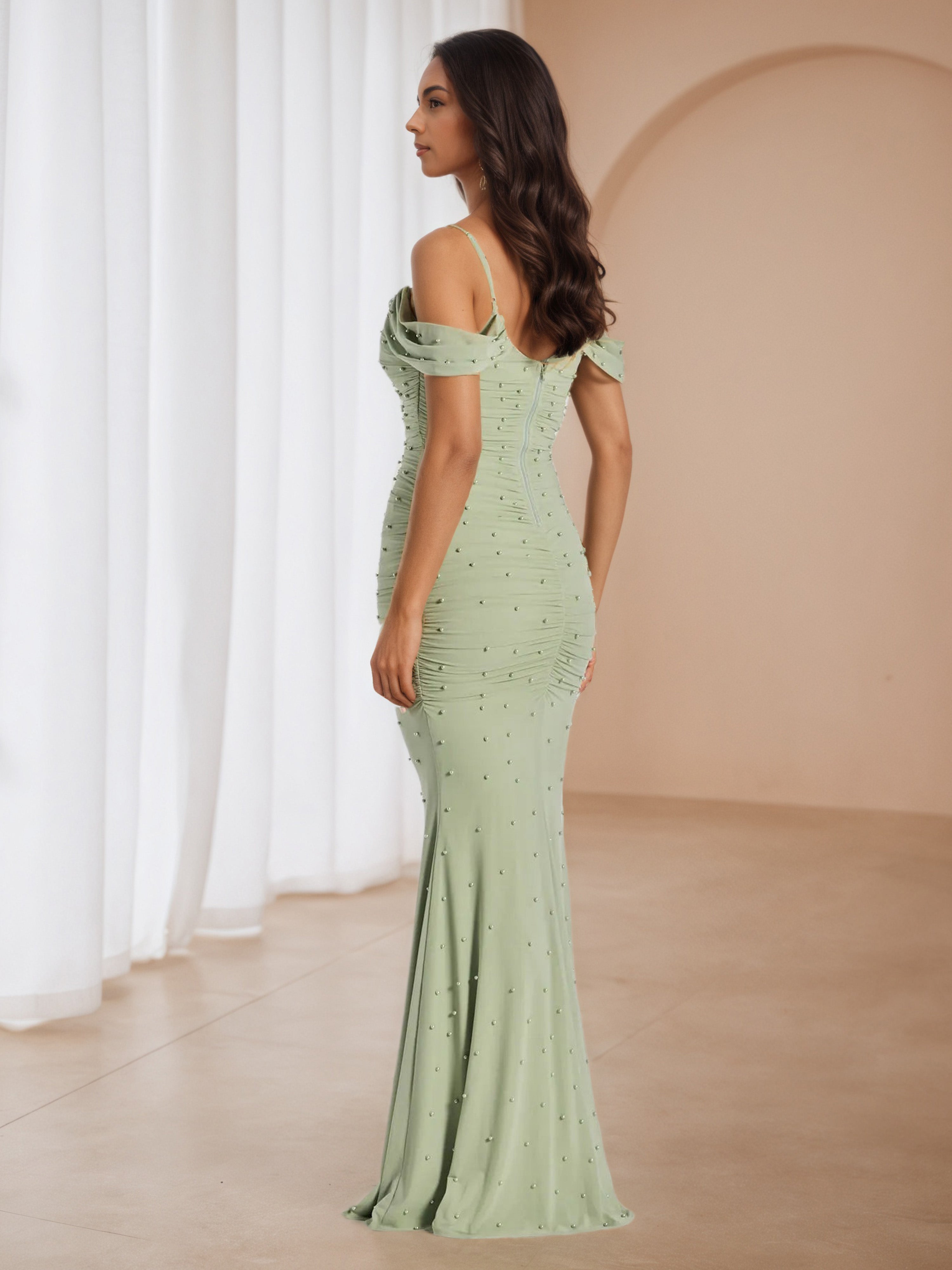 Dusty Sage Notched Pearl Formal Dresses