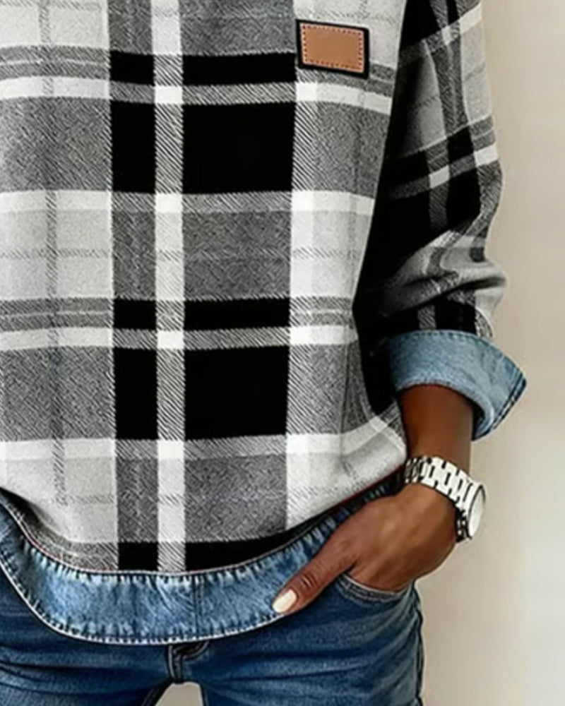 Crew Neck Plaid Denim Contrast Long Sleeve Sweatshirt