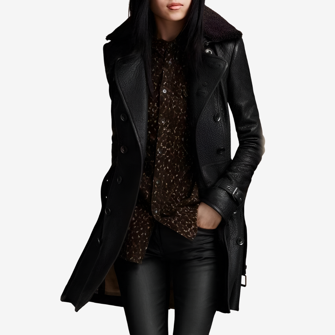 Faux Fur Collar Double Breasted Faux Leather Longline Coat 2