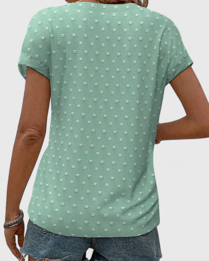 V-Neck Short Sleeve Button Front Textured Dot Blouse