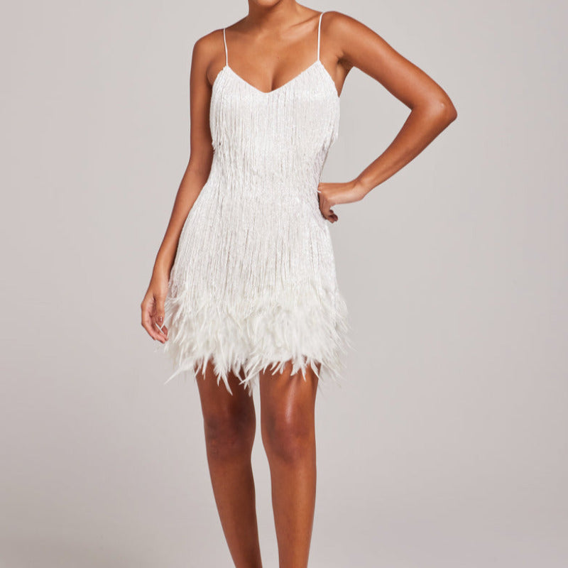 Sequin Fringe Feather V-Neck Mini Dress 20