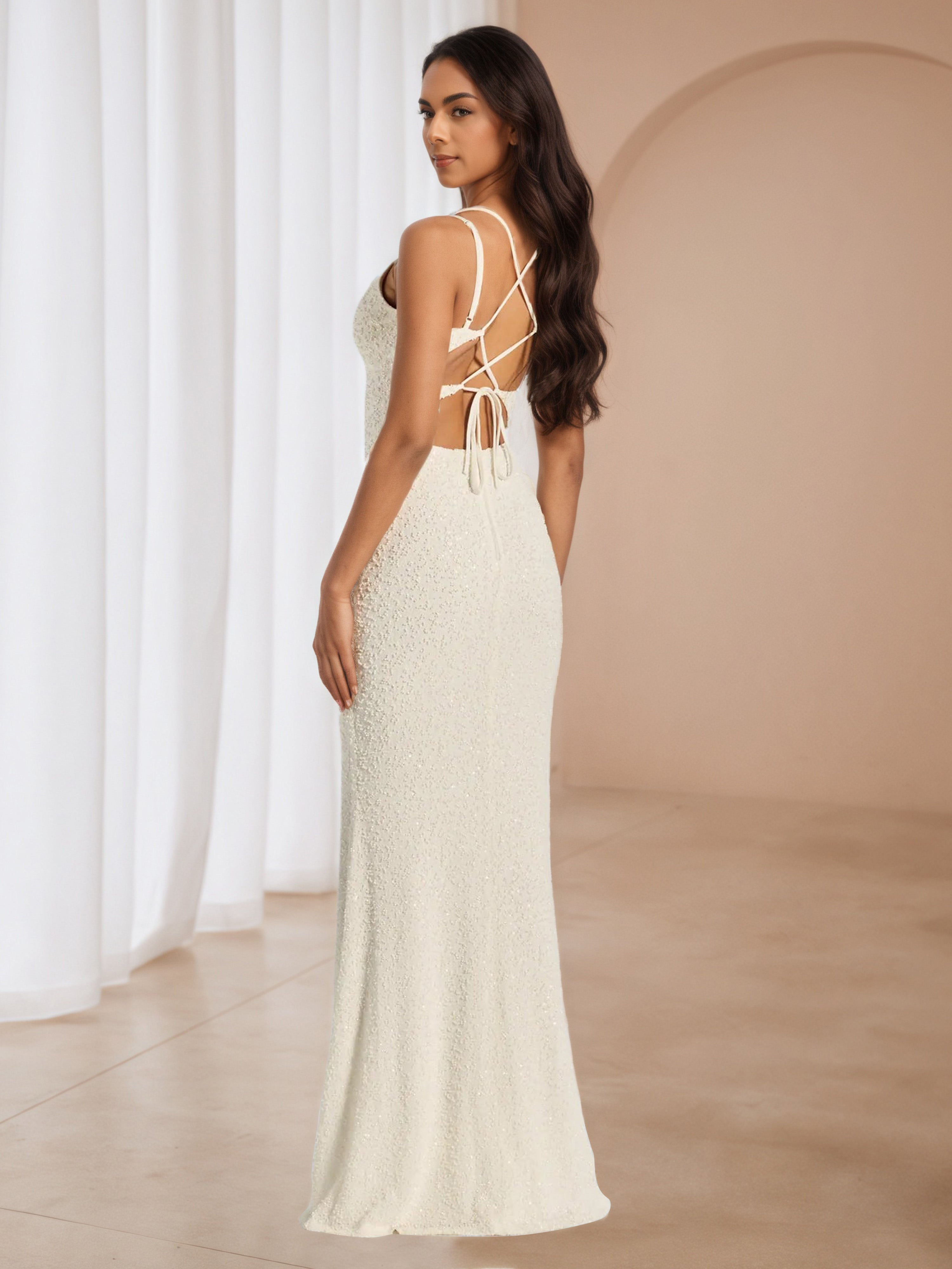 Sheath/Column Ivory V-Neck Square Neck Long Formal Dresses