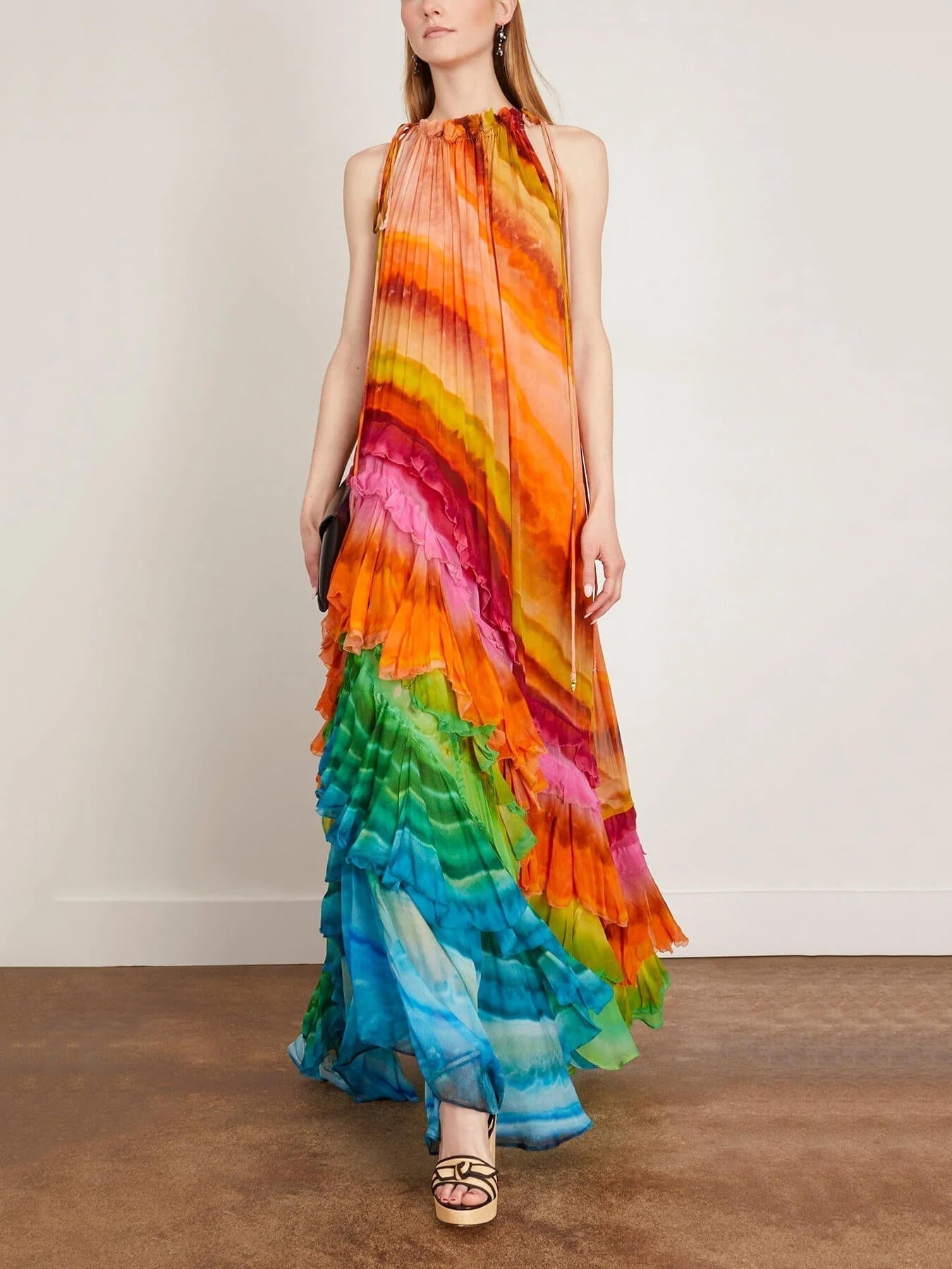 Tie Dye Print Halter Neck Drawstring Tiered Ruffle Chiffon Maxi Gown