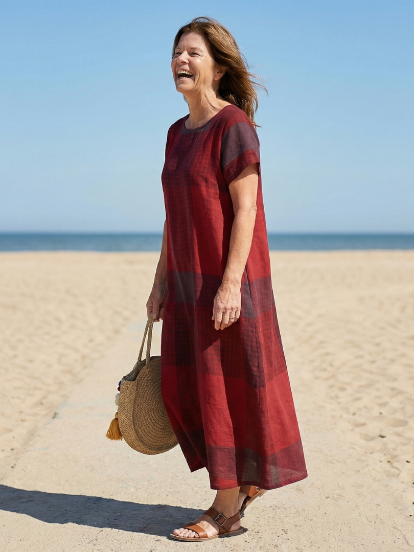 Round Neck Short Sleeve Plaid Maxi Dress