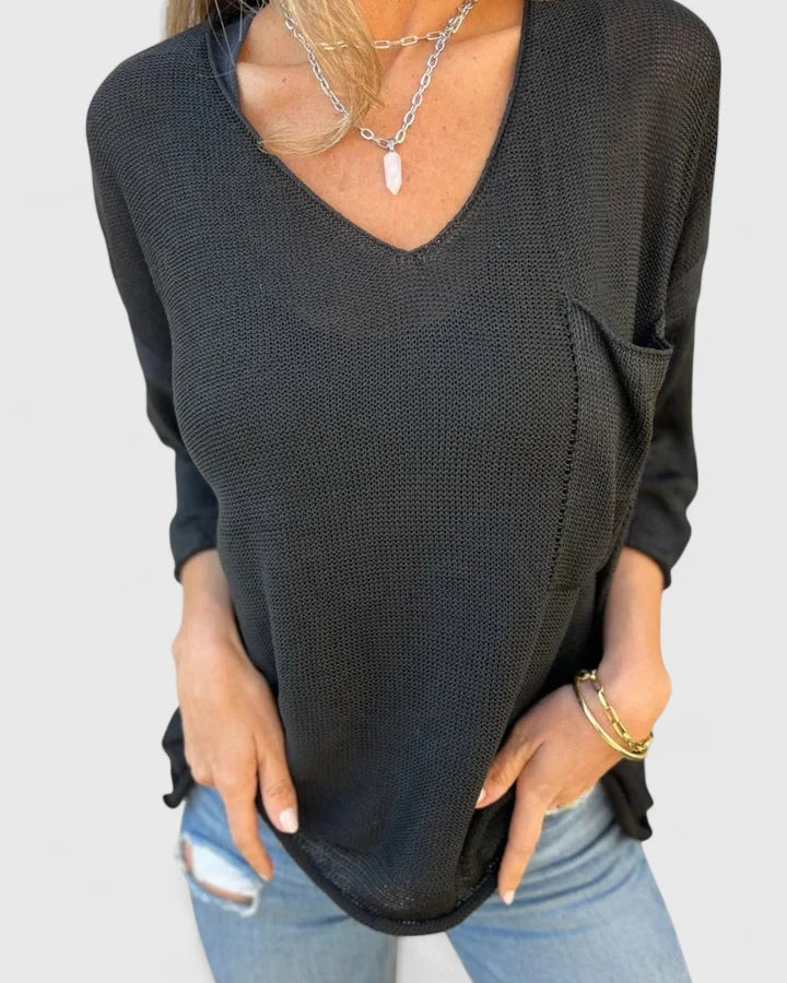 V-Neck Long Sleeve Pocket Loose Knit Sweater