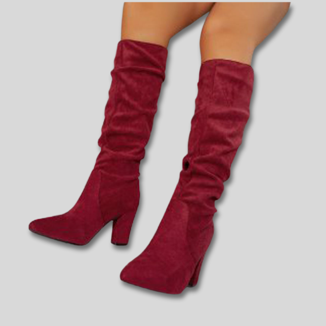 Pointed Toe Suede Look Slouch Block Heel Knee High Boots