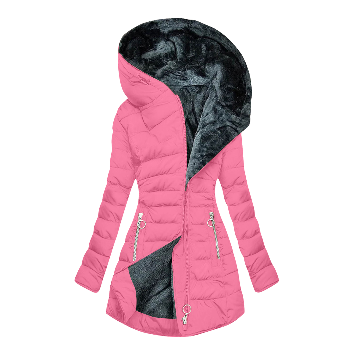 Hooded Fleece Lined Zip Front Quilted Puffer Coat 6