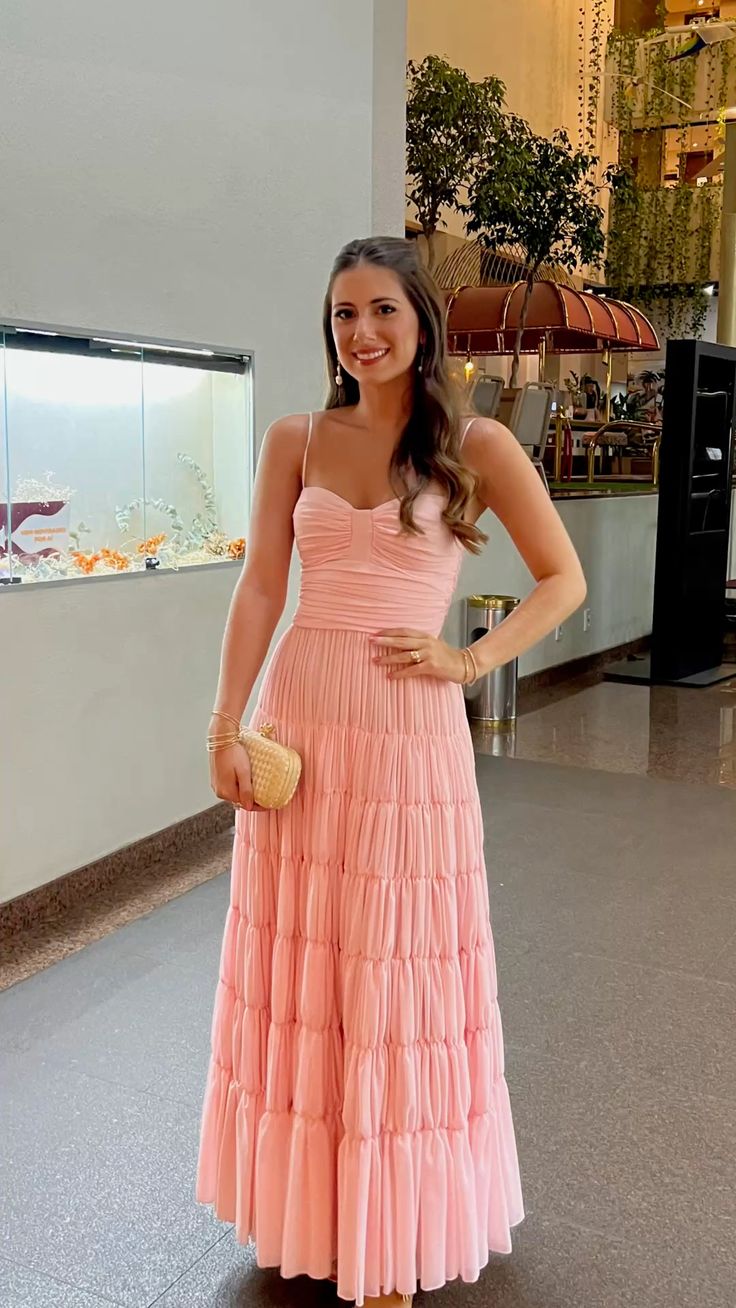 Pink A Line Spaghetti Straps Long Prom Dress Evening Party Dresses  fg7720