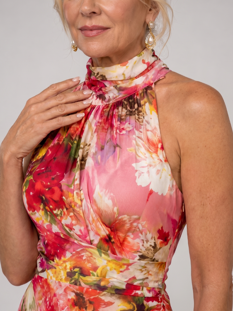 Floral Halter Neck Ruffle Sleeveless Maxi Gown