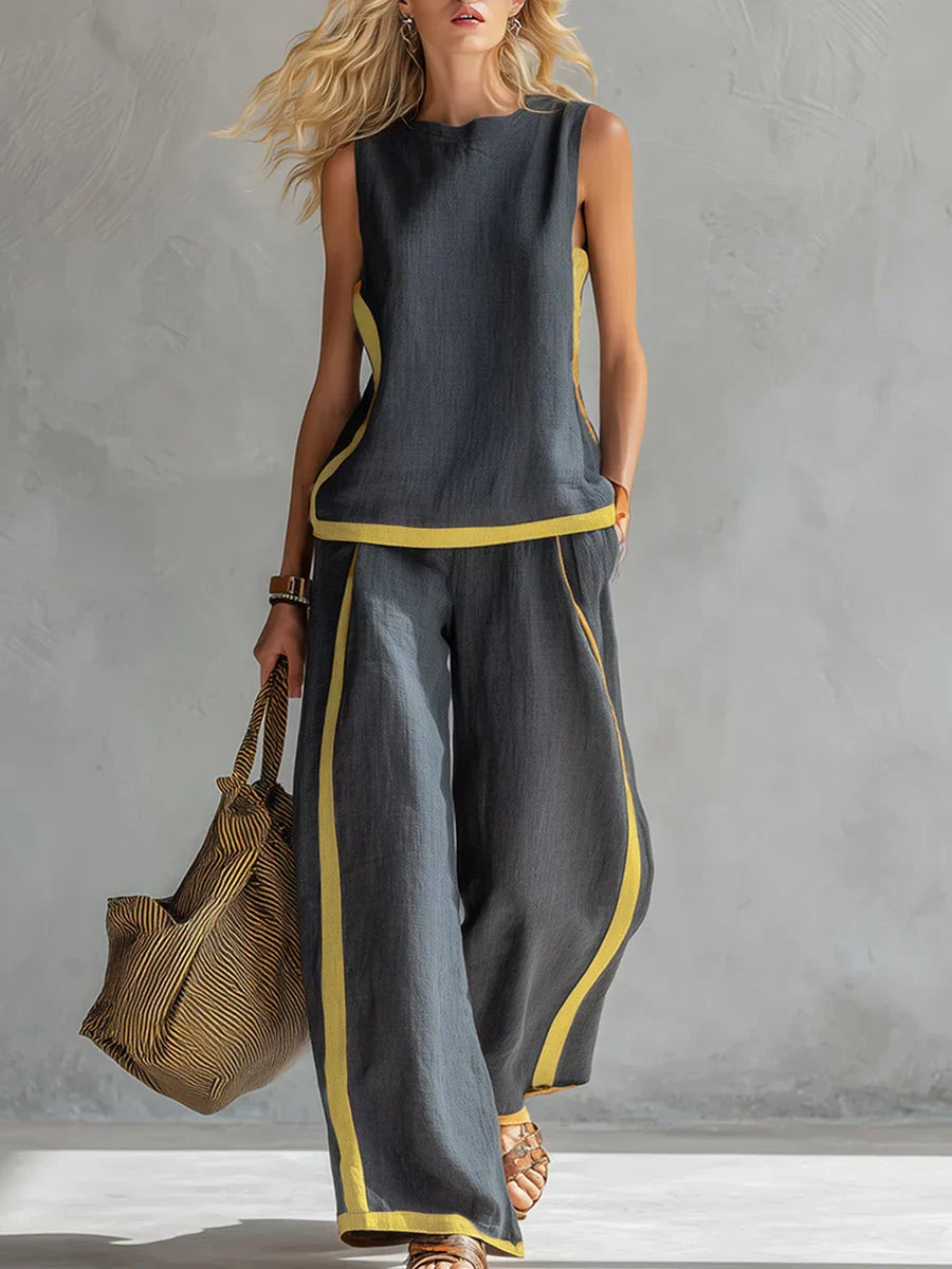 Sleeveless Contrast Trim Top and Wide Leg Pants Two Piece Set
